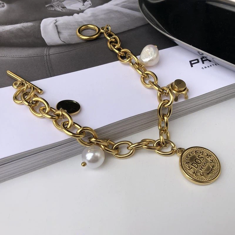 Brass Coin And Pearl Charms Bracelets